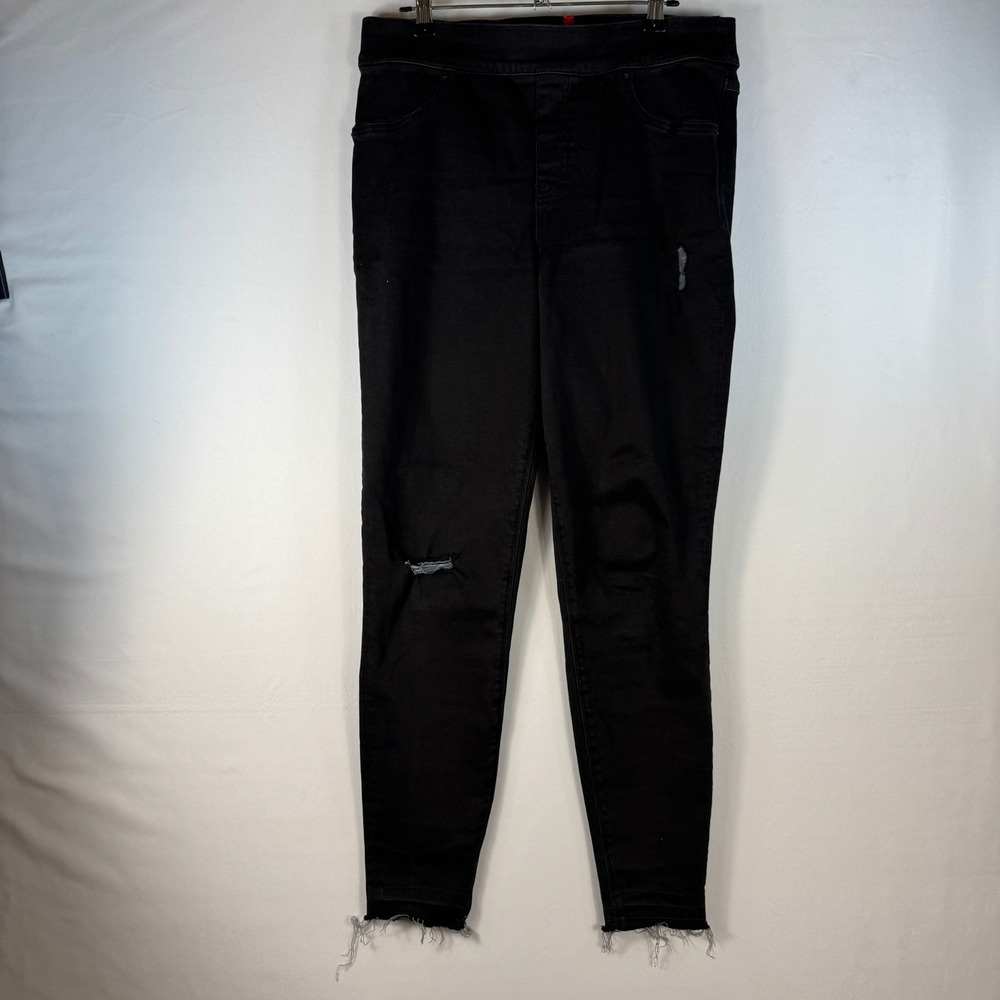 Spanx Jean-ish Leggings Black Distressed Raw Hem Pull On Skinny Jeans Large